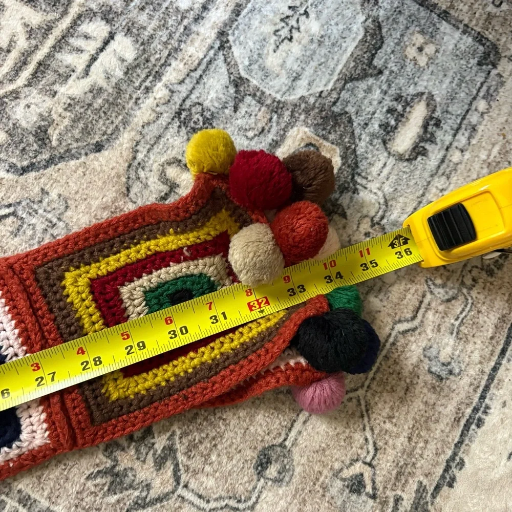 Vintage mossimo Crochet Patchwork Knit Scarf with PomPom trim fall winter